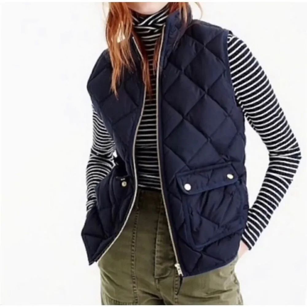 J. Crew Women’s Small Blue Quilted Fleece Lined Puffer Vest Jacket Pockets Zip